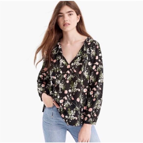 J. Crew Point Sur Peasant Top Liberty Art Fabrics Poppy Dream Black Size Small - Picture 1 of 8